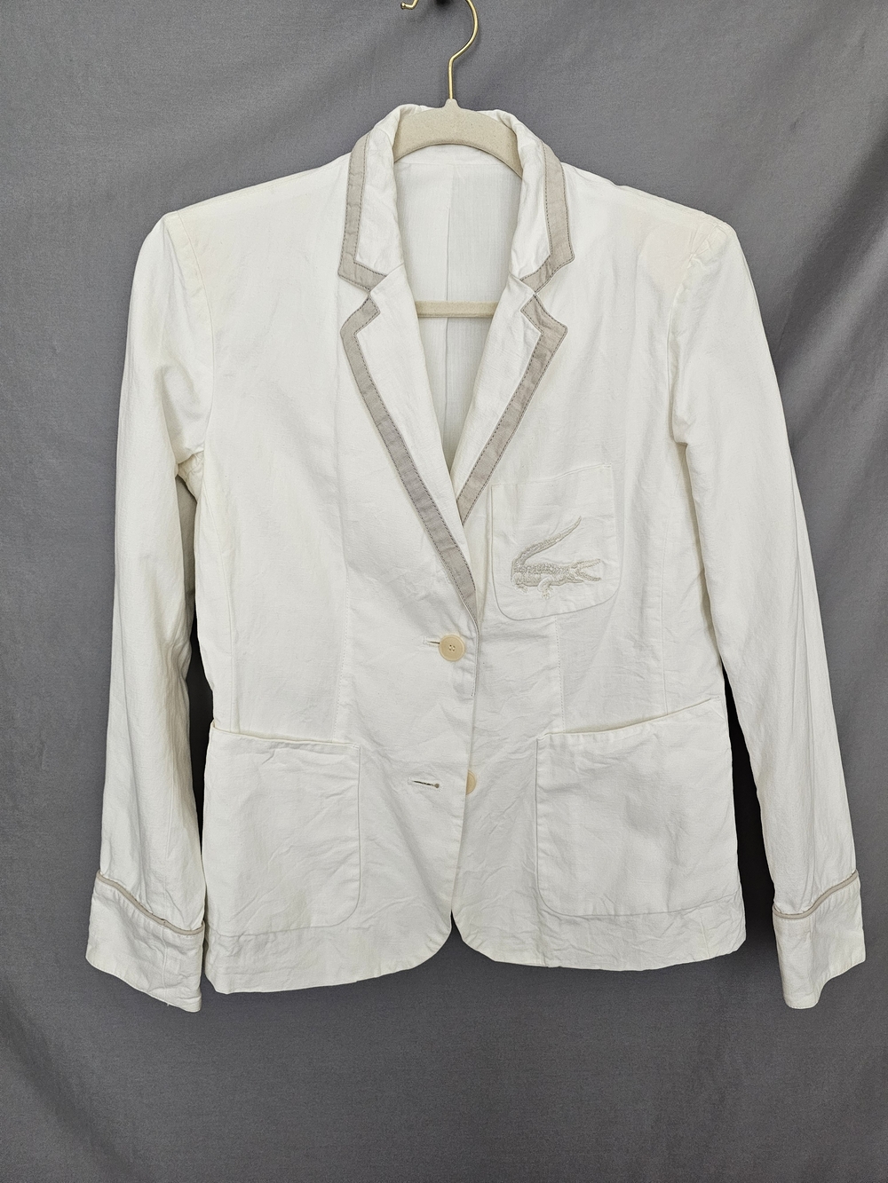 Lacoste White Cotton Blazer with Light Tan Trim. Size 40/M